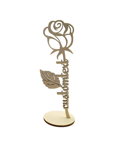 personalized wooden rose on stand with custom name cut into the stem