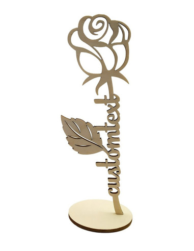 Rosa de madera con base redonda y texto personalizado grabado