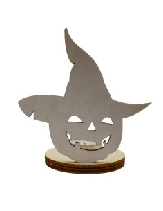 Halloween candle holder shaped like a pumpkin wearing a witch hat