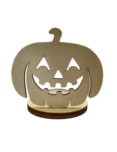Wooden Halloween candle holder shaped like a smiling pumpkin
