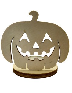 Drewniany halloweenowy świecznik w kształcie uśmiechniętej dyni