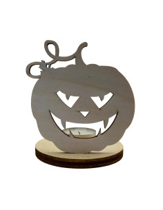 Wooden Halloween candle holder with scary pumpkin face