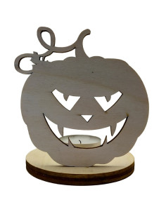 Drewniany halloweenowy świecznik z przerażającą dyniową twarzą