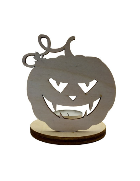 Wooden Halloween candle holder with scary pumpkin face
