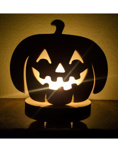 Wooden Halloween candle holder shaped like a smiling pumpkin 2