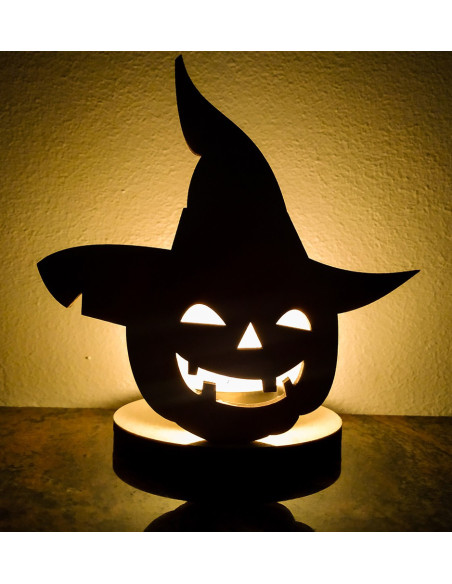 Wooden Halloween decor piece with smiling pumpkin cutout