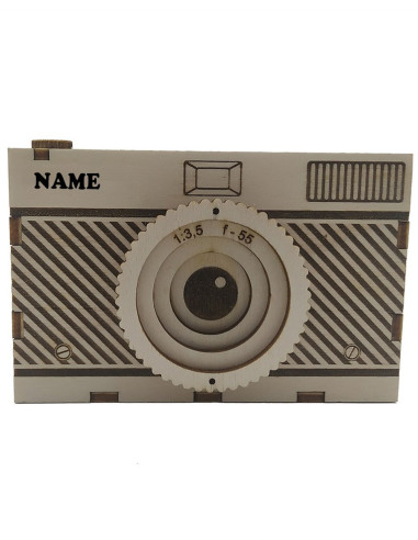 Portapenne in legno con incisione a fotocamera vintage