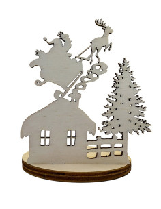 Houten kaarshouder met Kerstman, slee en rendier boven een huisje