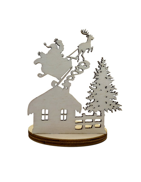 Photophore bois Père Noël et traîneau sur maison enneigée