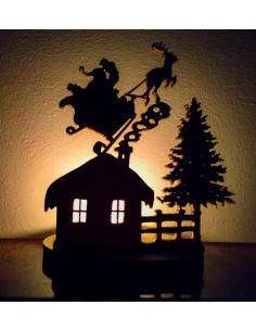 Wooden candle holder with Santa, sleigh, and reindeer over a cabin 2