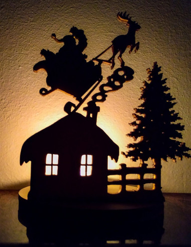 Weihnachts-Teelichthalter mit leuchtender Silhouette von Santa, Schlitten und Haus