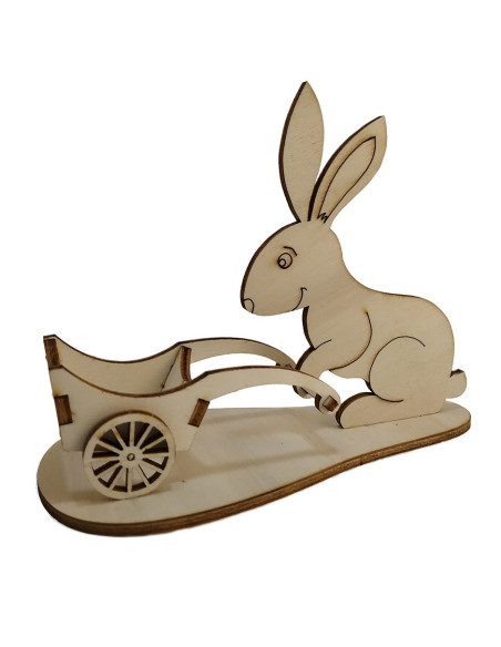 Lapin de Pâques en bois avec brouette vide sur support