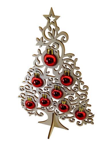 Albero natalizio da tavolo in legno traforato con decorazioni