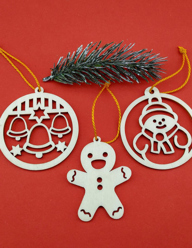 Wooden Christmas tree decorations featuring bells, snowman, and more