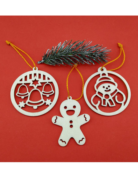 Wooden Christmas tree decorations featuring bells, snowman, and more
