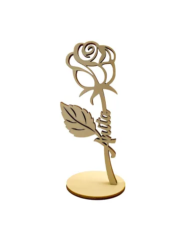 personalized wooden rose on stand with custom name cut into the stem