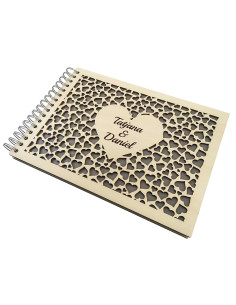 Romantic custom wooden album with heart cutouts and spiral binding