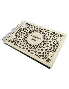 Personalized wooden photo album with flower-pattern cutout and custom engraved name