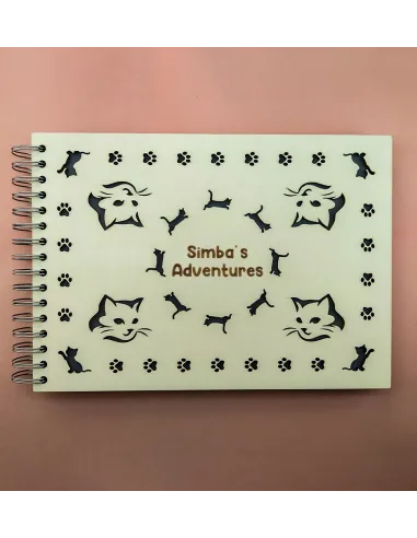 Personalized cat photo album with engraved name and laser-cut feline design