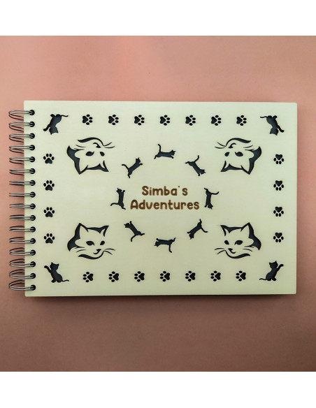 Personalized cat photo album with engraved name and laser-cut feline design