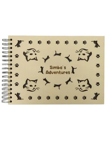 Spiral-bound wooden album featuring cat paw prints and custom text
