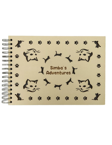 Spiral-bound wooden album featuring cat paw prints and custom text