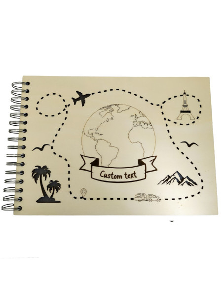wooden travel memory album with custom engraved text and spiral binding