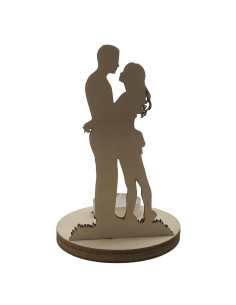 Wooden candle holder with hugging couple silhouette design