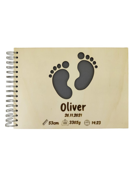 Wooden baby keepsake album with footprints cutout and spiral binding