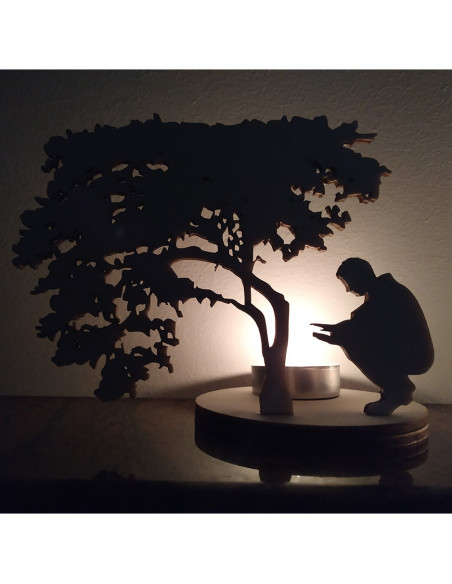 Wooden shadow lamp with calming outdoor campfire scene