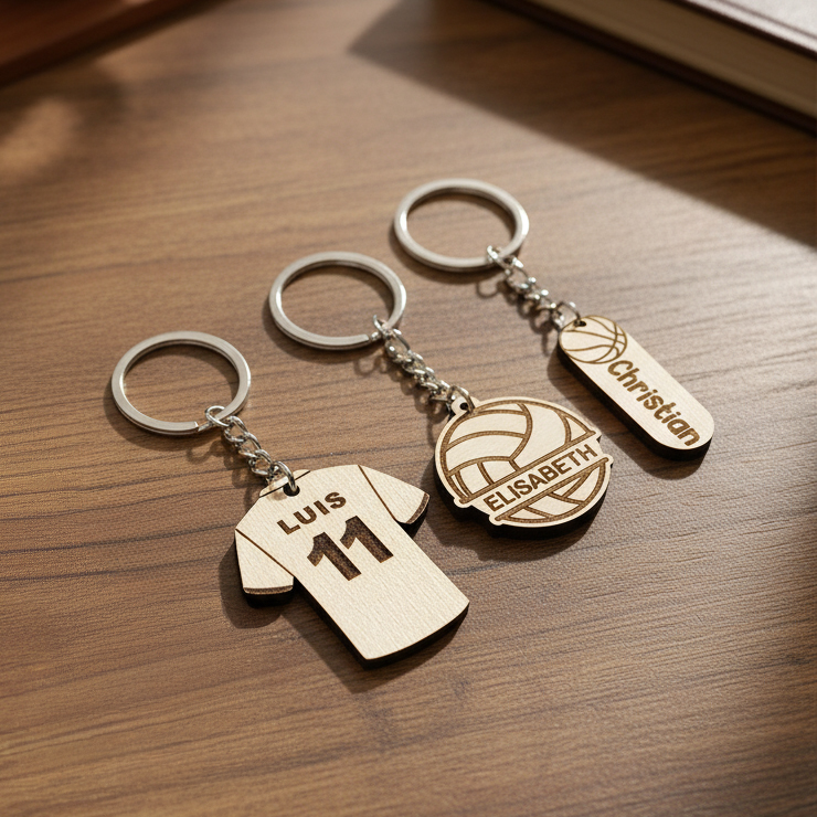 Personalisierte Sport-Schlüsselanhänger aus Holz auf dem Tisch — Trikot, Volleyball und Plakette mit graviertem Namen & Nummer.