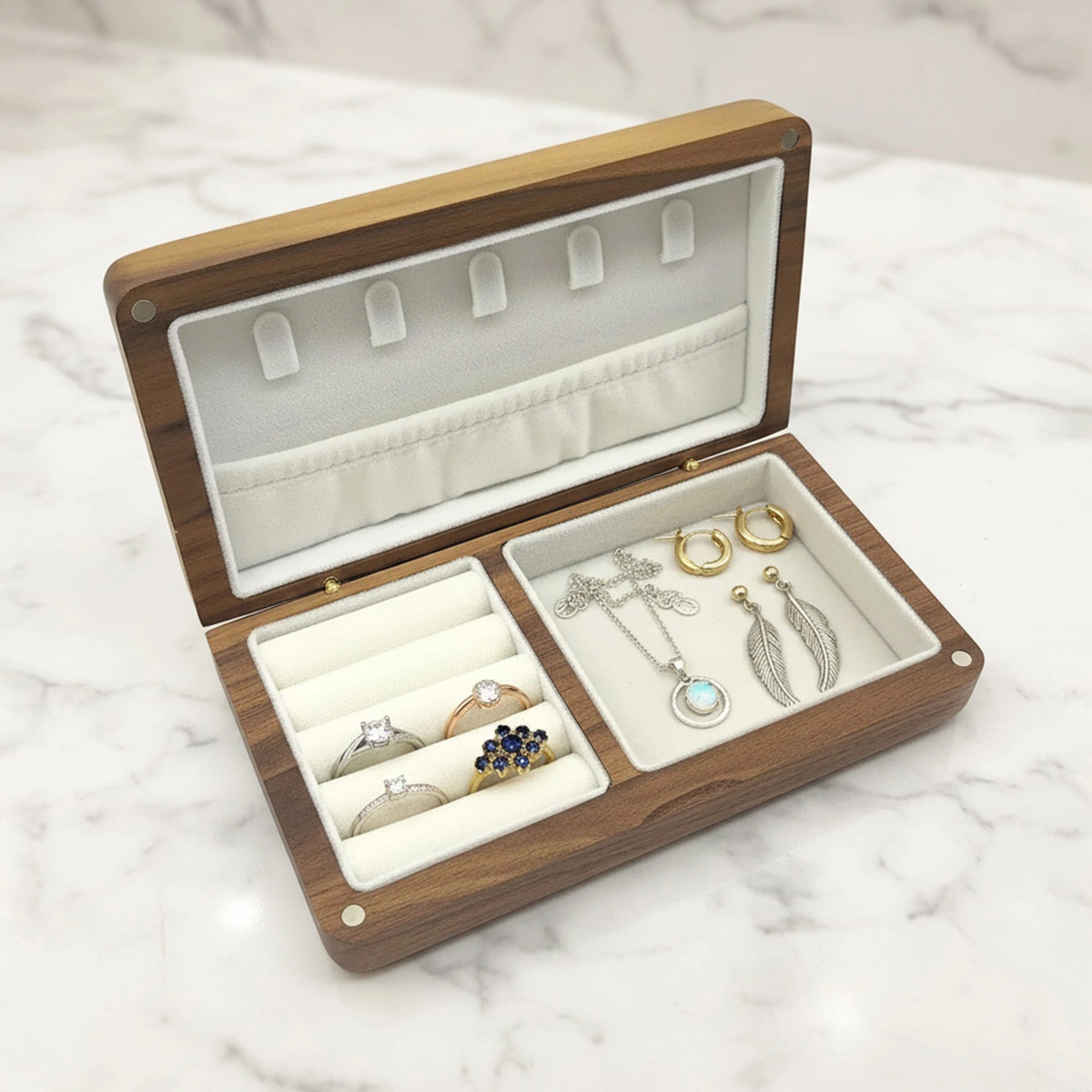 Schmuckschatulle aus Walnussholz mit Samt-Innenleben und Fächern