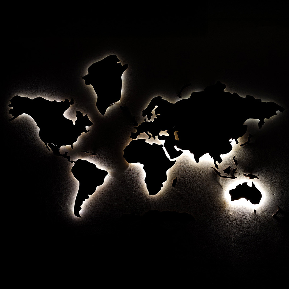 Wooden world map wall art with LED backlight effect