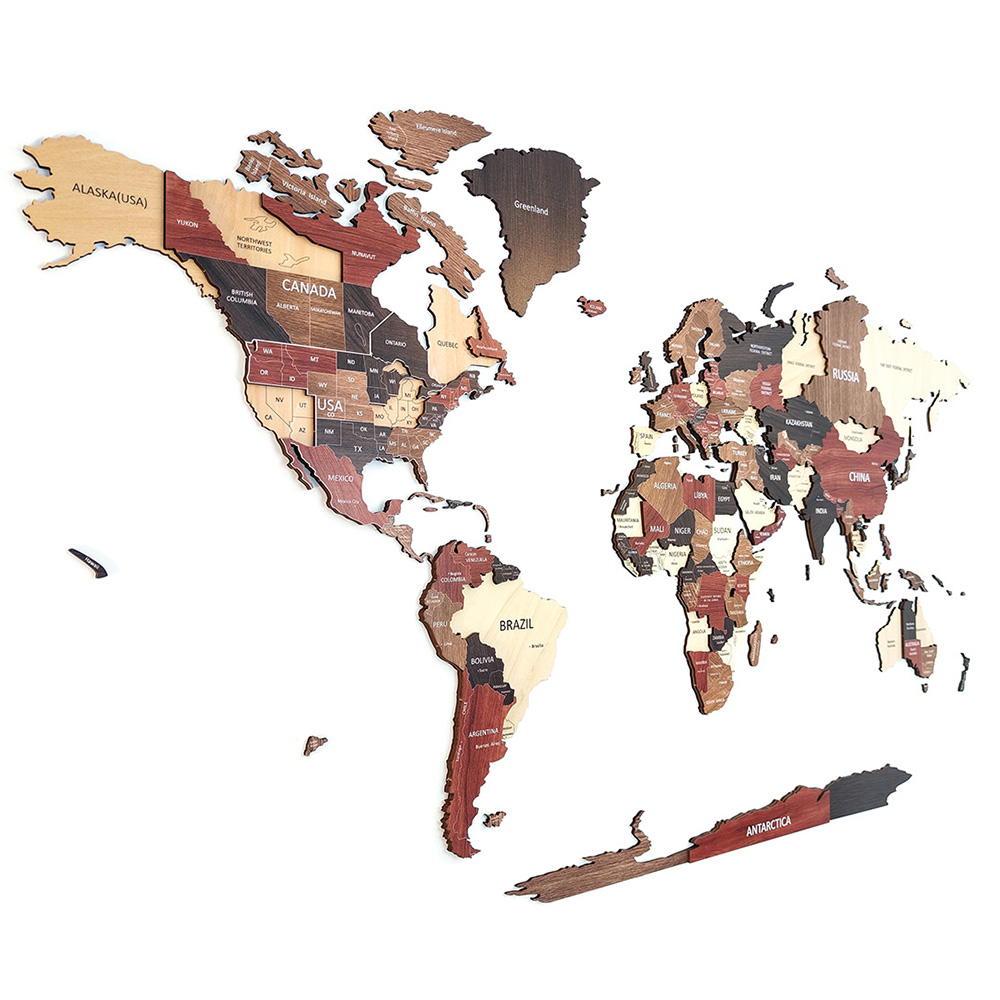 Détail des gravures d’une carte du monde en bois