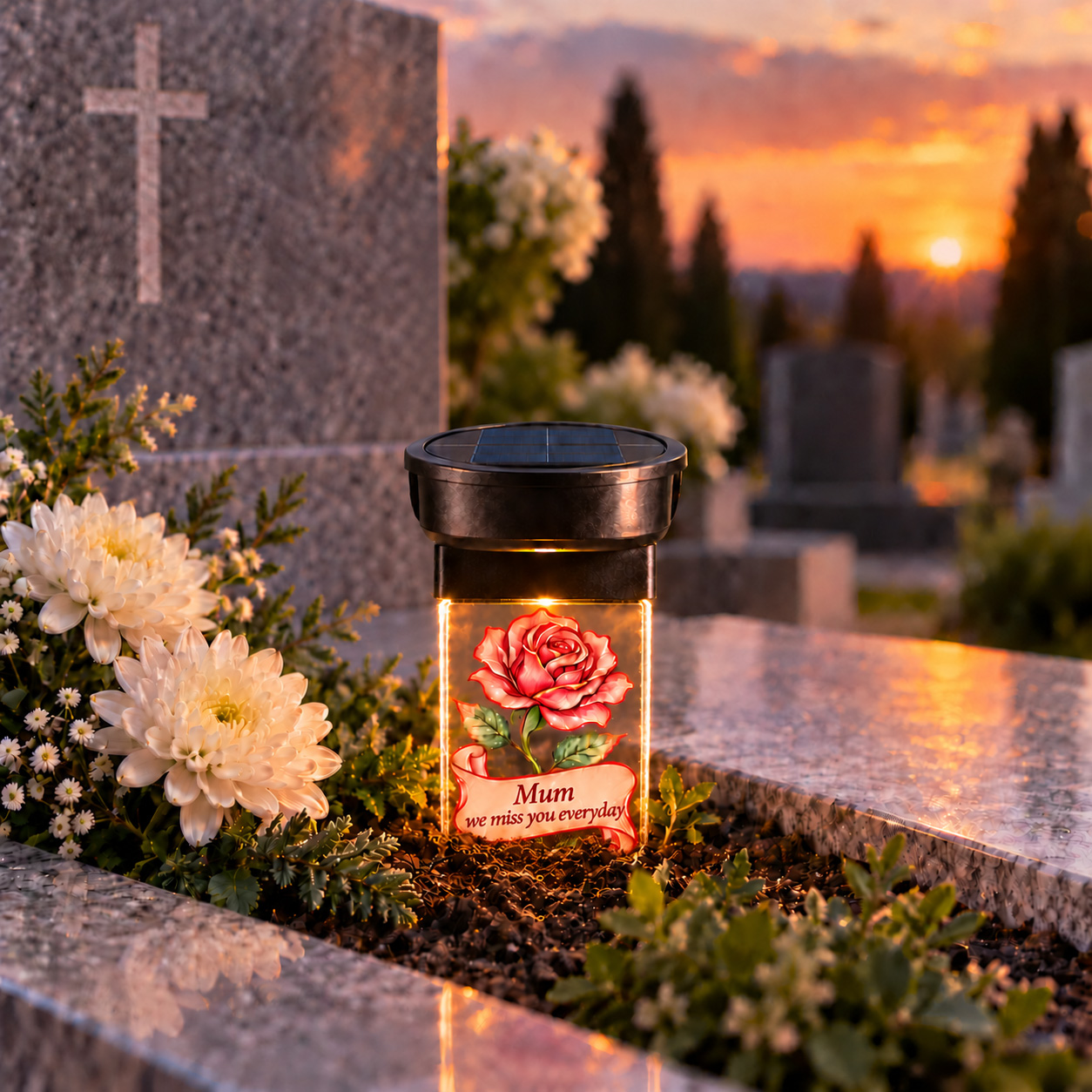Tasteful graveside memorial for All Saints’ Day with candles, flowers and personalized remembrance items