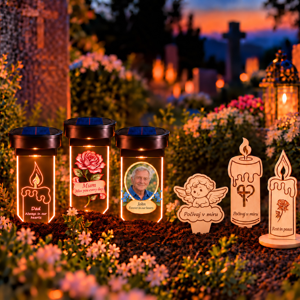Memorial candles for All Saints’ Day including personalized solar grave candles and wooden remembrance candle holders