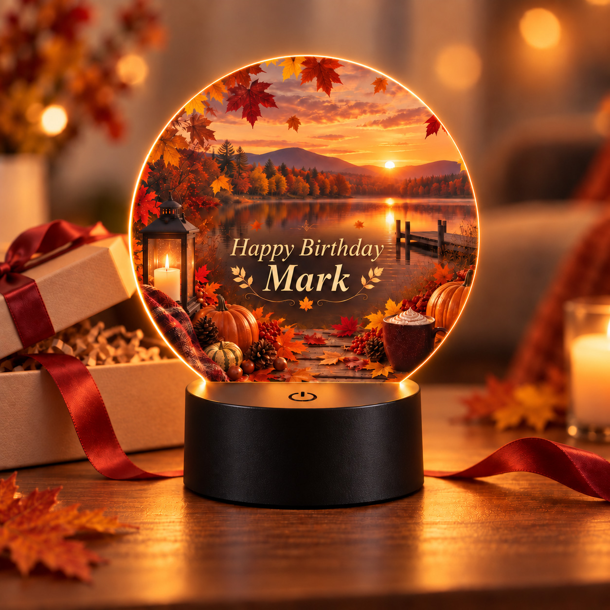 AI personalized LED night light with custom autumn birthday design and name – unique birthday gift