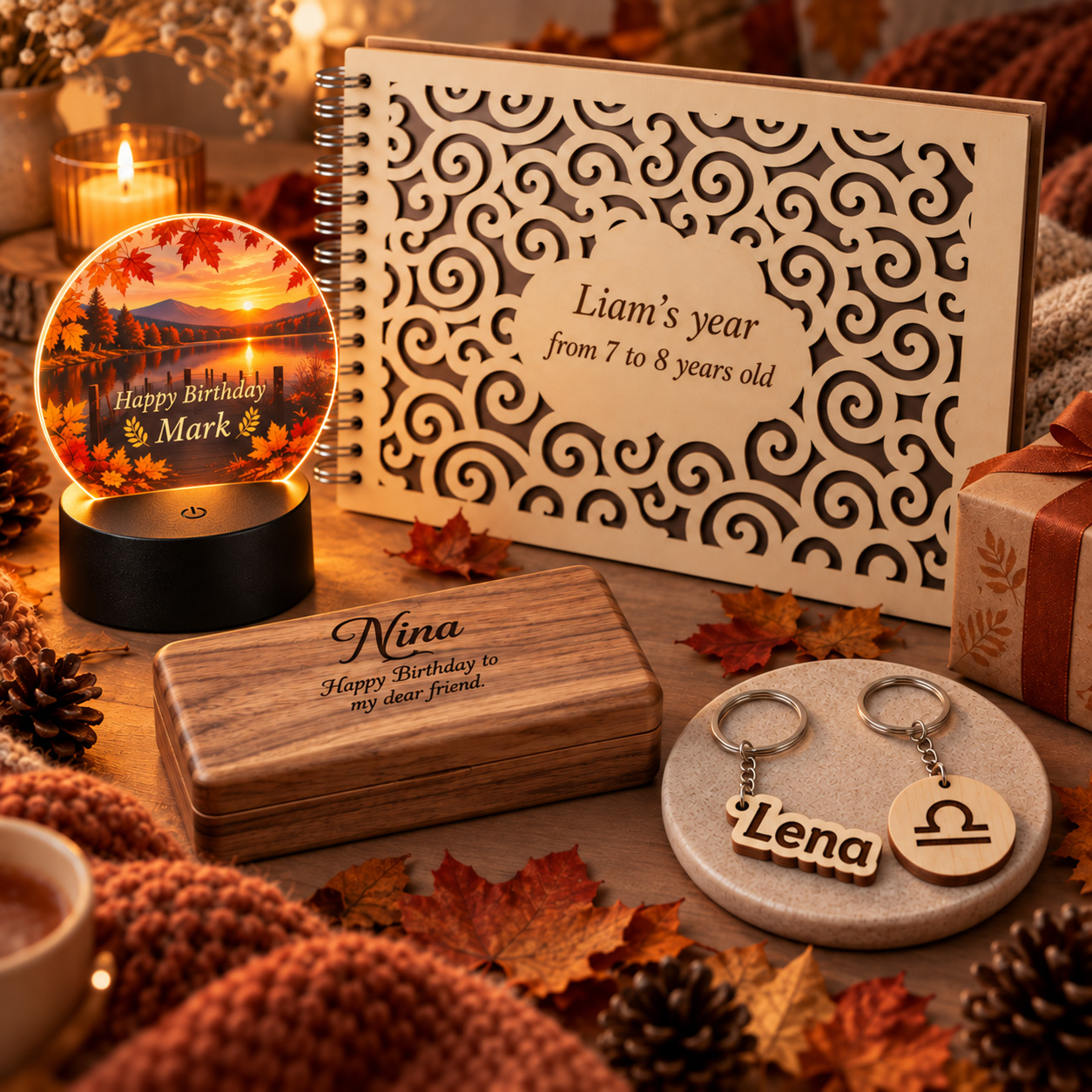 Personalized autumn birthday gifts including photo album, walnut jewelry box, custom LED night light and engraved keychains