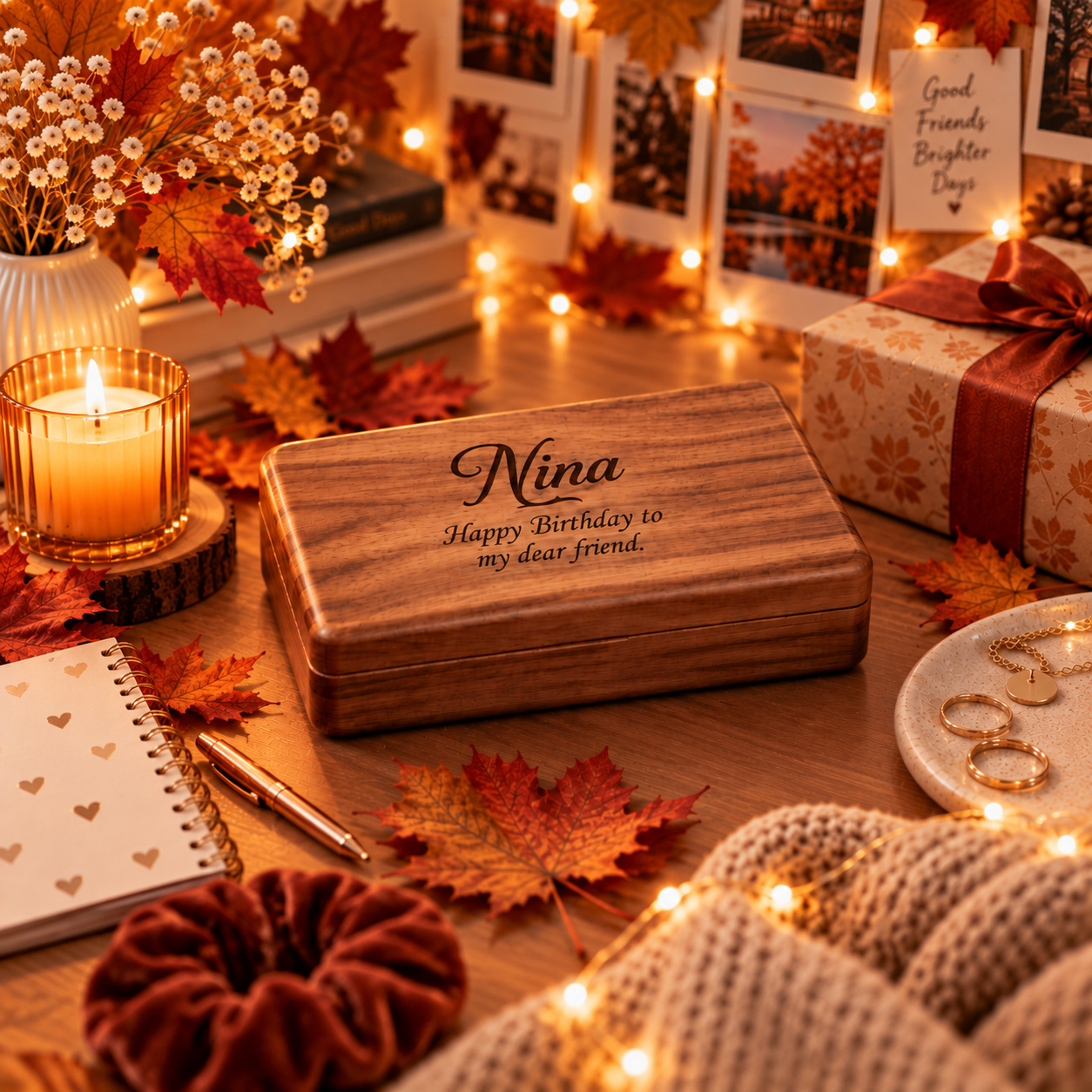Personalized walnut jewelry box with engraved name and birthday message – premium autumn birthday gift