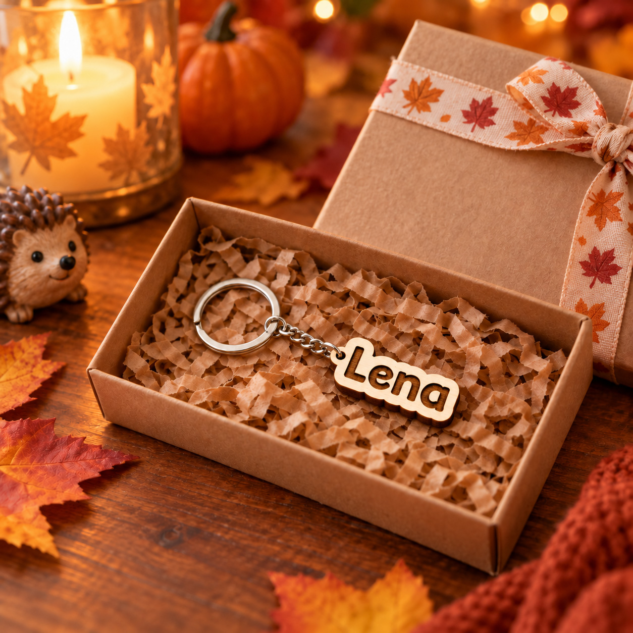 Wooden comic-style name keychain with custom engraving – small personalized autumn birthday gift