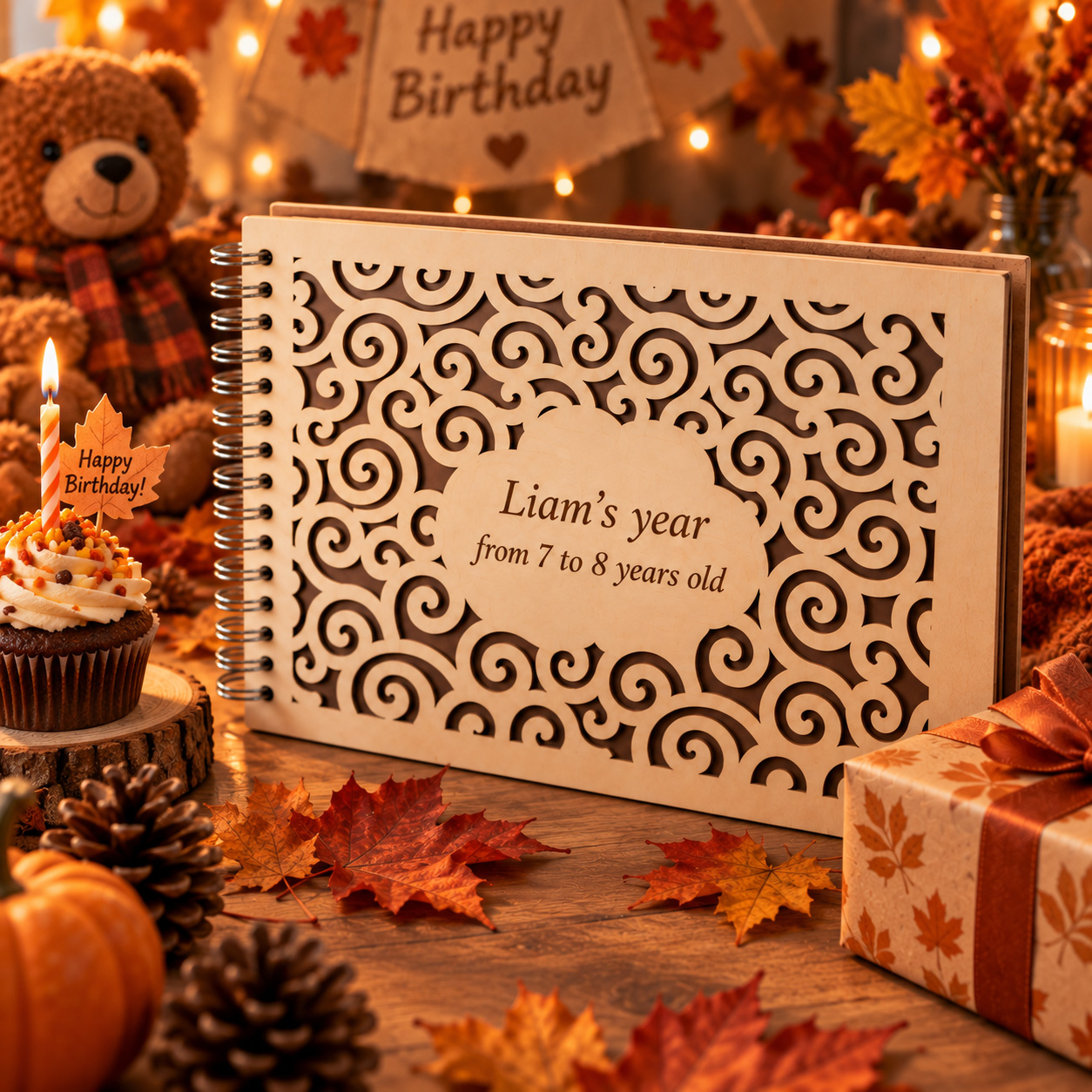 Personalized wooden photo album with custom engraved text – meaningful autumn birthday gift