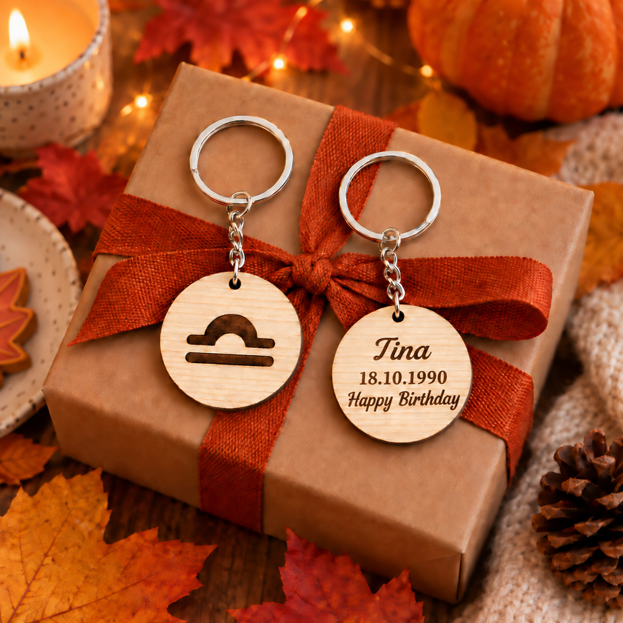 Personalized Libra zodiac keychain with custom text – astrology gift for an autumn birthday