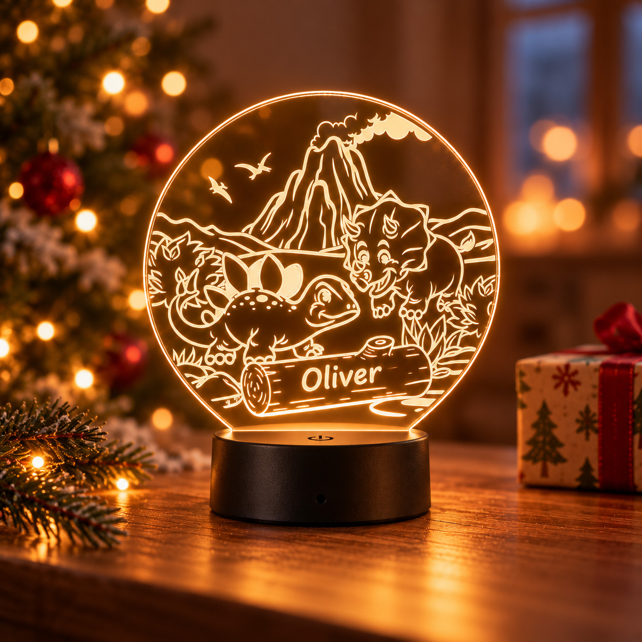 Dinosaur LED night light glowing in a Christmas setting – fun gift for children