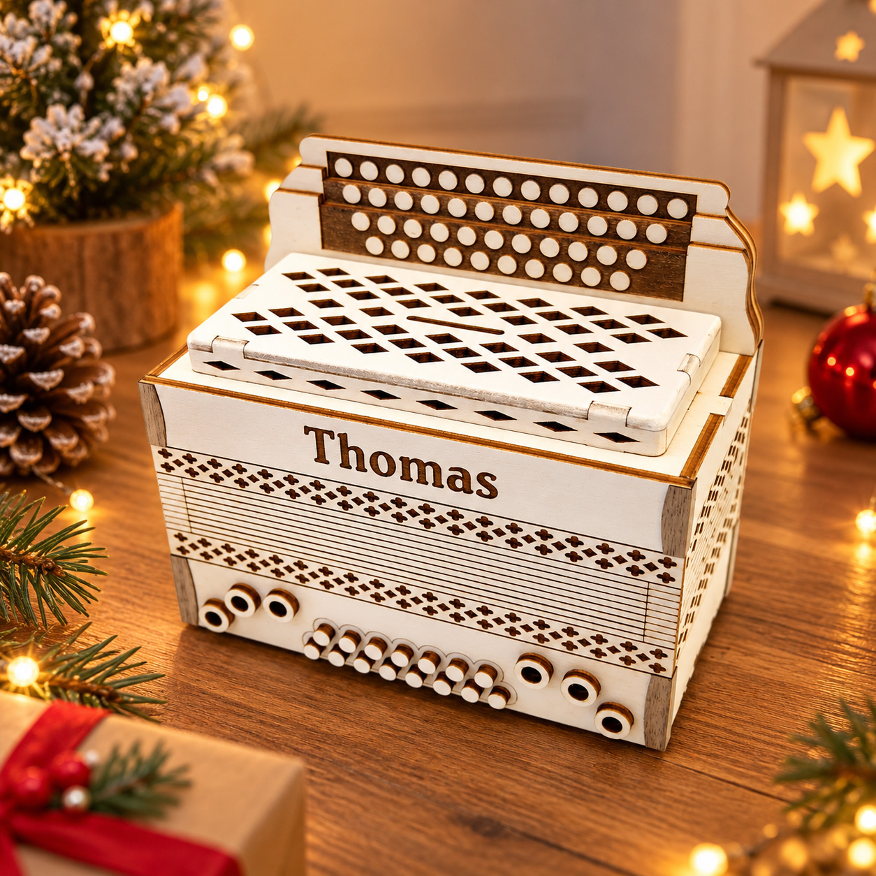 Personalized wooden accordion money box with custom name – unique Christmas gift for music lovers