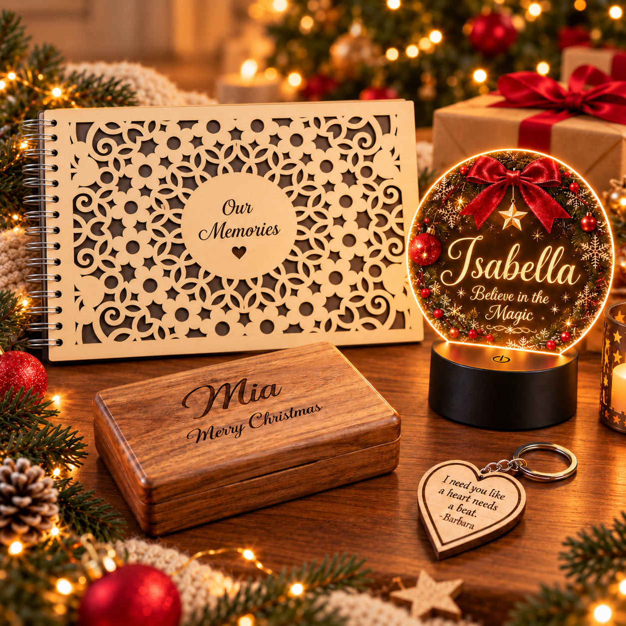 Unique personalized Christmas gift ideas including engraved jewelry box photo album LED lamps keychains and wooden gifts