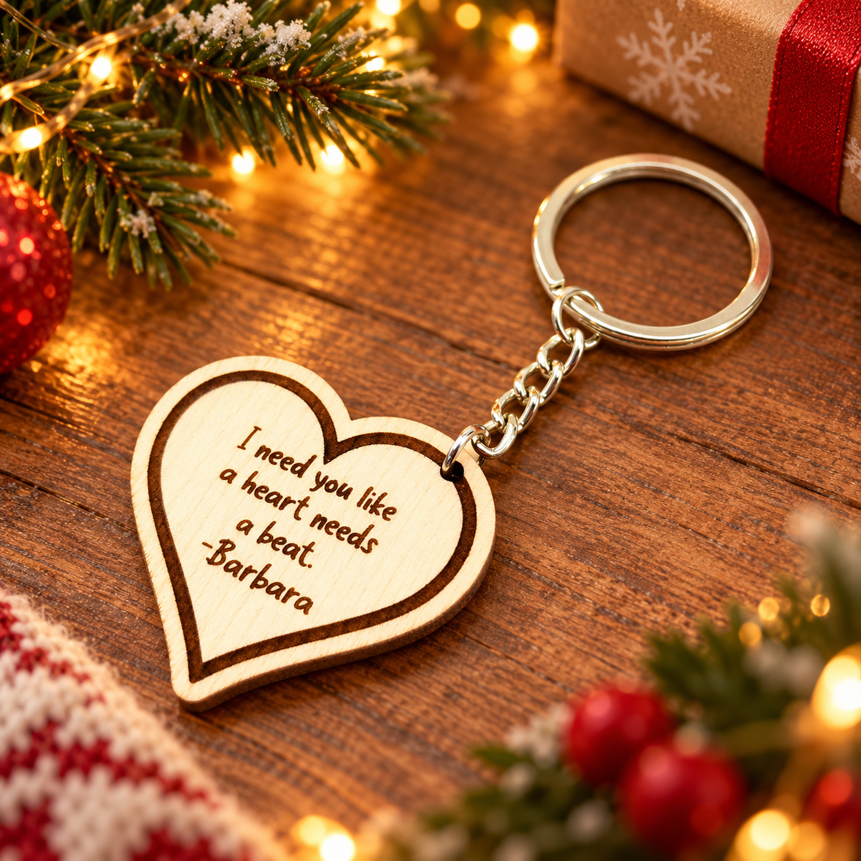 Personalized wooden heart keychain with custom message – small meaningful Christmas gift