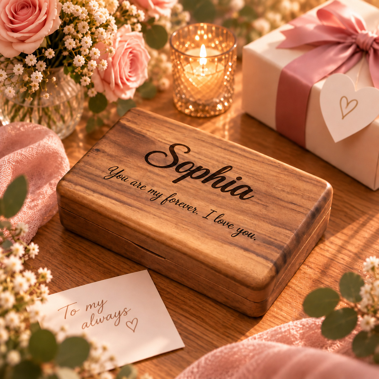 Personalized walnut jewelry box with engraved name – gift idea for girlfriend