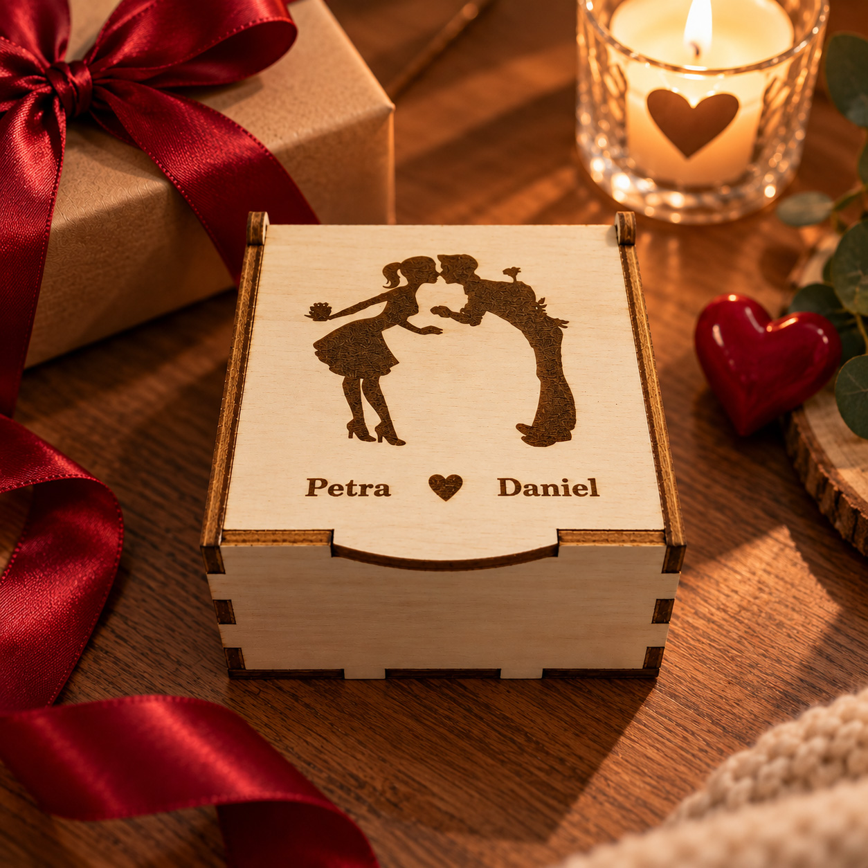 Personalized wooden love box with engraved couple names – romantic keepsake gift for girlfriend