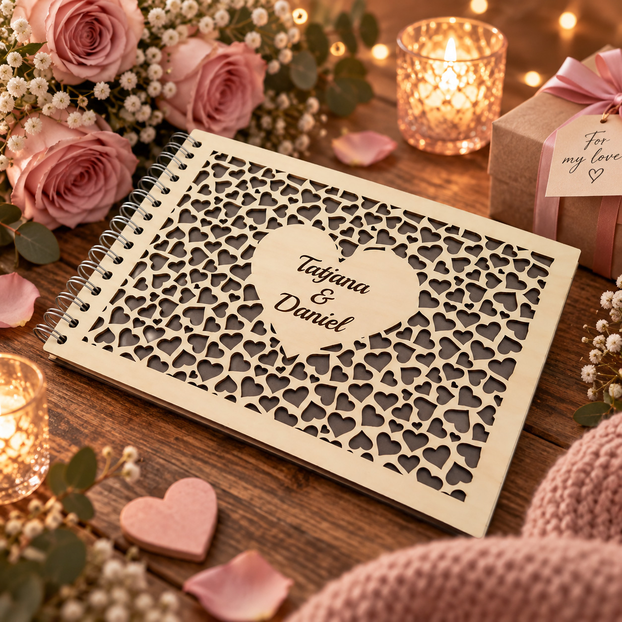 Personalized wooden photo album with hearts and engraved names – sentimental girlfriend gift