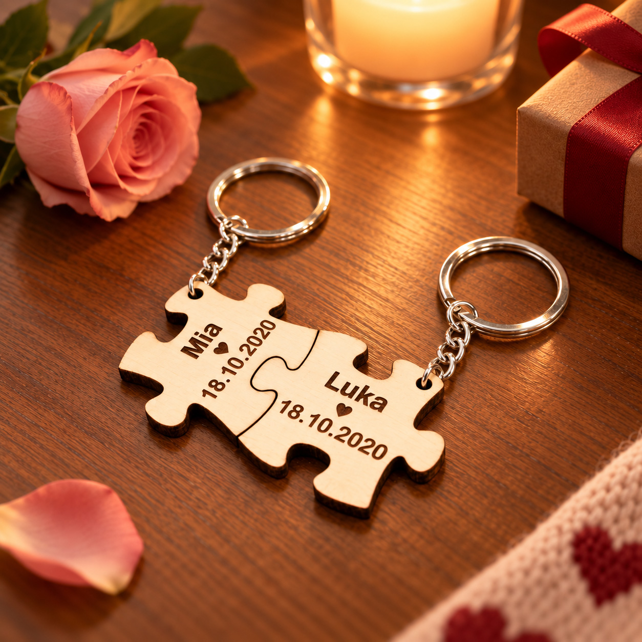 Matching personalized puzzle keychains with names and date – small gift for girlfriend